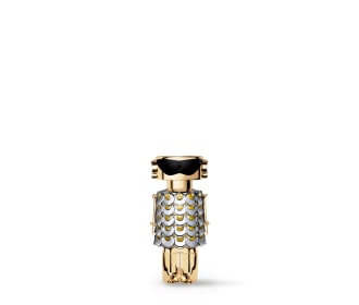 Imagen de un frasco de perfume con forma de robot color dorado con plateado
