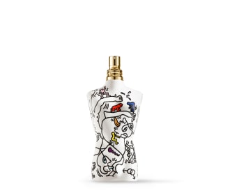 botelle de perfume en forma de torzo, color blanco con tapa dorada y detalles de pintura con formas de rama de arbol, MUJER