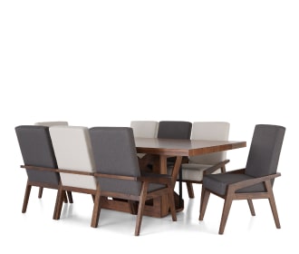mesa casfe con sillas de cojines grises y blancos
