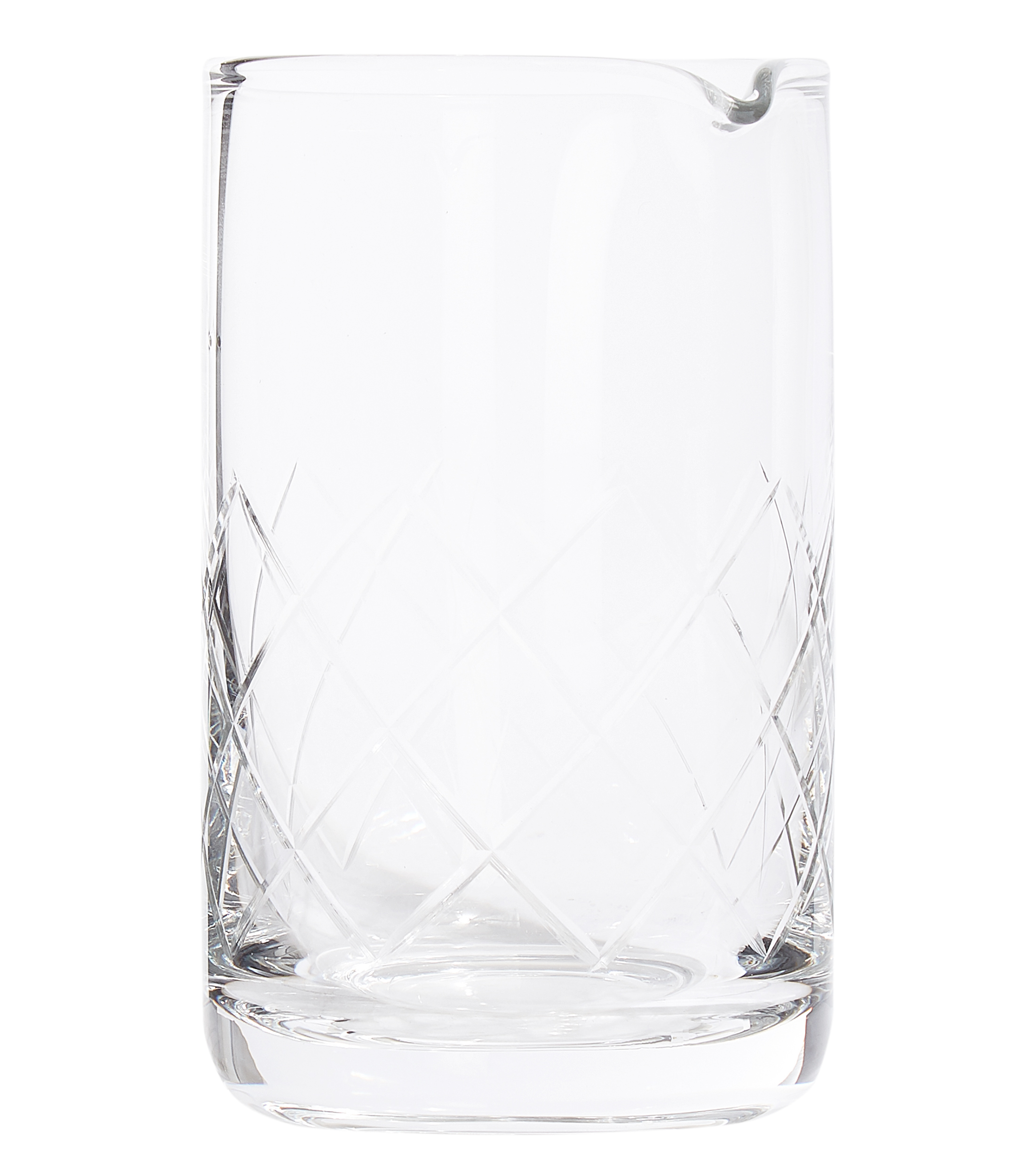 Vaso mezclador transparente con relieve alrededor.