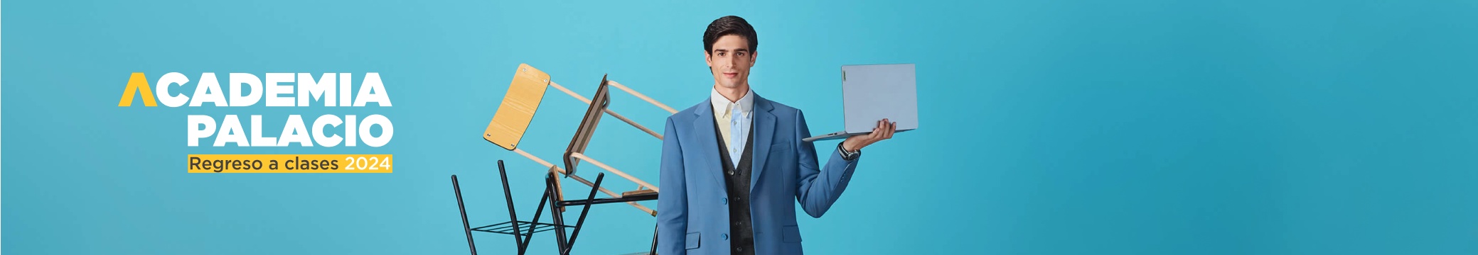 imagen de hombre con traje azul y laptop gris en la mano, hasta 20 % de descuento y 6 msi, BTS 2024