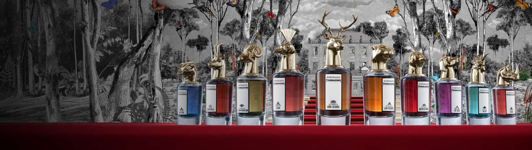 Imagen de 10 lociones en diferentes colores con tapas de animales color dorado. PENHALIGON'S