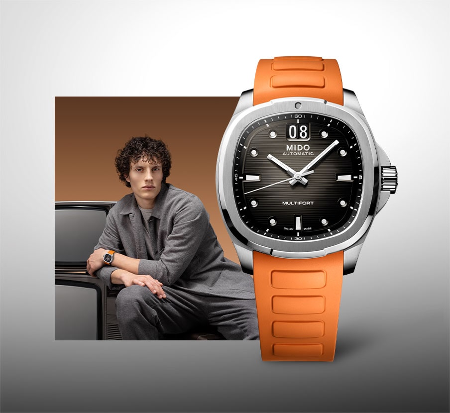 imagen de hombre junto a reloj naranja con plata, MIDO