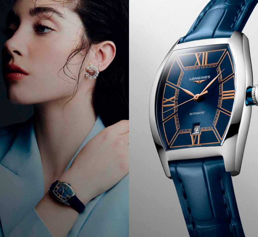 imagen de mujer con saco azul  junto a reloj plateado con caratula azul de la marca LONGINES